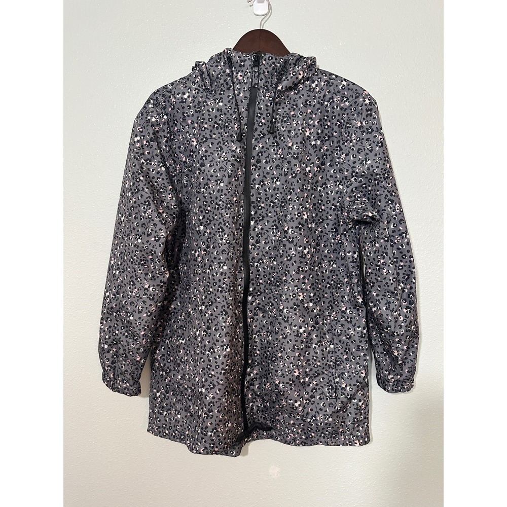 NWOT Crane Womens Gray Pink Leopard Floral Hooded Rain Jacket Windbreaker Size M